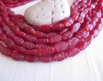 Rustic red glass beads , textured matte lampwork beads, flat oval organic ethnic, Indonesian, replica of old antique beads,10 beads, 6a7-2