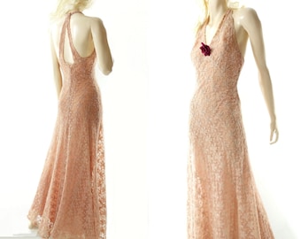 1930s Vintage Dress, Peach Lace Maxi, Vintage 30s Dress, Ecru Lace Prom Dress, 1930s Formal Dress, 30s Bias Dress, 1930s Wedding Dress, xs