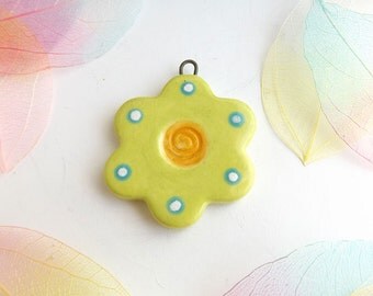 Ceramic Focal Pendant, Large Ceramic Flower Pendant, Apple Green Clay Pendant, statement jewellery, floral pendant, handmade jewelry supply