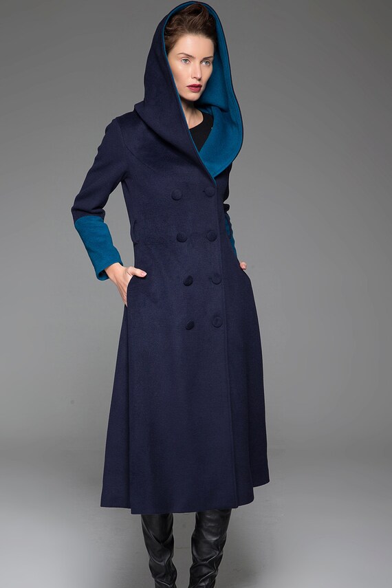 Blue coat wool coat modern clothing hooded coat maxi coat