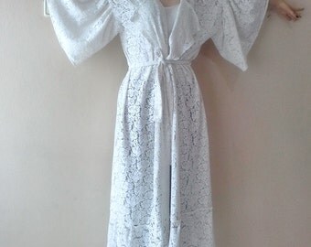 White lace robe, Sheer Plus size bridal lace kimono jacket bridal lace robe ivory bridal robe maternity hospital gown