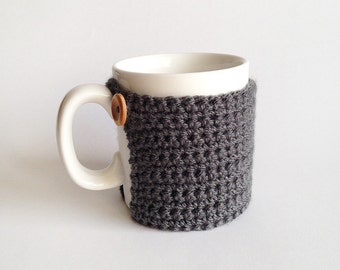 Crochet Mug Cosy With Built in Coaster in Graphite / Crochet Mug Cozy