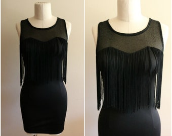 90's Vintage Black Sleeveless Fringe Mini Dress - Size Medium - Goth - LBD - Party Dress - Bodycon