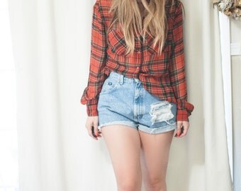 sheer vintage plaid button up by Decree, small