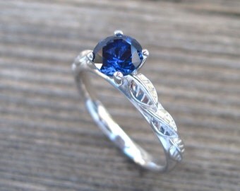 Sapphire Engagement Ring, Leaves Engagement Ring, Antique Engagement Ring, Leaf Sapphire Ring, Antique Ring, Blue Stone Engagement Ring