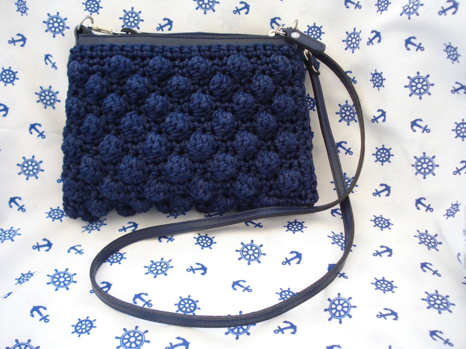 Navy blue BUBBLE crochet bag Crossbody bag Eco leather strap