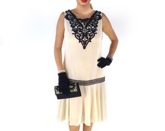Retro Flapper Dress, Great Gatsby Dress, Flapper Costume, 1920s Dress, 20s Dress, Roaring 20s Dress,Downton Abbey Dress,Cream Chiffon,Black
