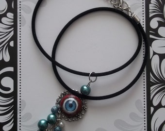 blue white silver metal pendant blue eyeball necklace unusual necklace victorian necklace macabre necklace cosplay body part jewelry