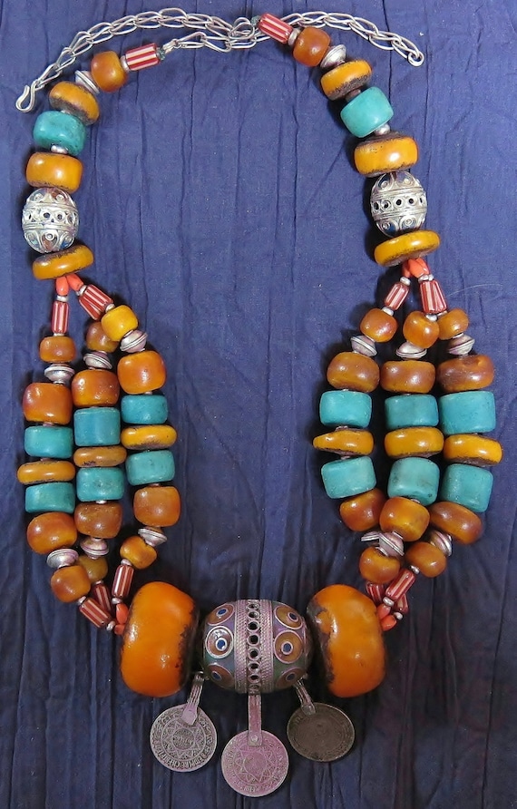 Moroccan Berber Necklace with Enamel Eggbead, Coins, Faux Amber Resin, Chevron, & Amazonite Beads