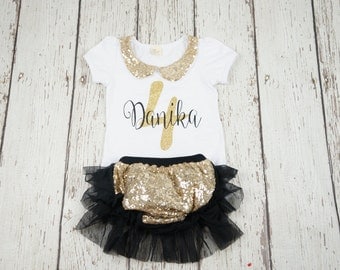 black gold birthday outfit, first birthday outfit, 1st birthday, 2nd birthday outfit, girl birthday outfit, black and gold, gold sequin