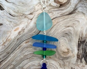 Sea Glass Necklace Fishbone Necklace Ocean Mist, Blue and Green Sea Glass Necklace