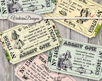 Printable Alice in Wonderland Tea Party Invitation Tickets color crafting digital download instant download digital collage sheet - VD0590