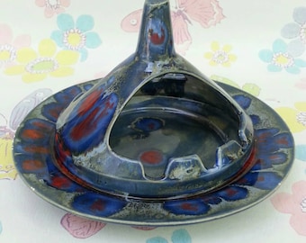 Vintage 1960s 1970s Mid Century Modern MCM Ashtray Retro Flying Saucer Lava Glaze Kitsch Kitschy Red Blue