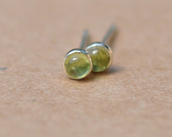 Peridot Earrings handmade with Sterling Silver Studs. 3mm Cabochon Gemstone and silver earrings. Pale green, 925 silver jewelry, birthdays