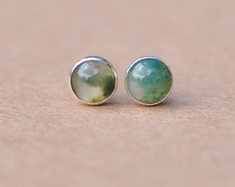 Agate Earrings handmade with Sterling Silver Earring studs, 5 mm Green Moss Agate natural cabochon gemstones. ideal gift, quality, unique