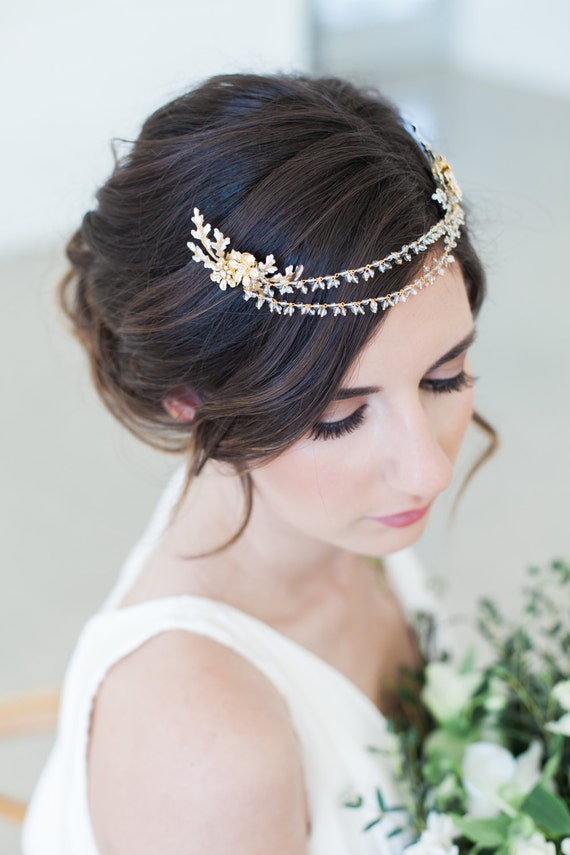 Bridal Hair Jewelry Gold Crystal Hair Chain by GildedShadows
