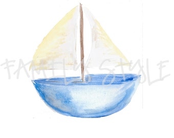Watercolor Blue Sailboat Clip Art