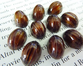 4 glass cabochons, 14x10mm, brown white, oval, high dome