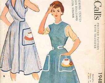 Super Vintage 1950s McCall's 1948 Wrap Around Full Apron or Sleeveless House Wrap Dress with Coffee Applique Sewing Pattern Sz Small