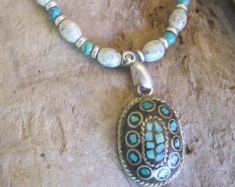Turquoise and jade necklace, turquoise ethnic jewelry, from hawaii , seashell jewelry, tropical necklace, handmade necklace