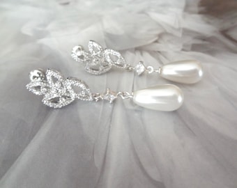 Swarovski pearl earrings ~ Brides earrings ~ Pearl drop earrings ~ Leaf design ~ Wedding earrings ~ Bridal jewelry ~ Cubic zirconias ~ LILLY