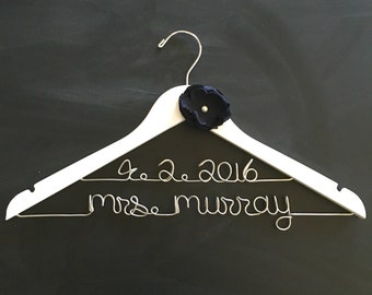 Wedding Dress Hanger, Wedding Hanger with Date, Personalized Hanger, Navy Wedding, Wire Hanger Wedding, Gift for Bride, Mrs Hanger