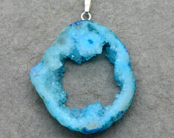 Light Blue Druzy Geode Slice Agate - Silver Pendant Extra Large Pendant Gemstone jewelry supplies (DA242)