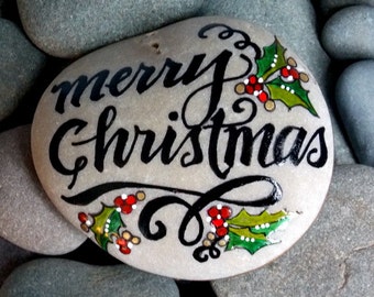 Merry Christmas / painted rocks / holiday decor / painted stones / art on stone / art rocks /rocks / beach stones / holiday decorations