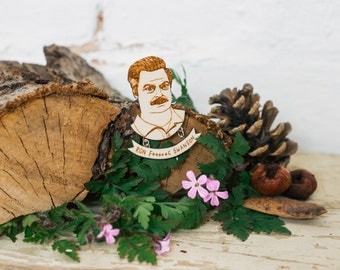 Ron Swanson Parks and Recreation Brooch, Laser Cut Wooden Jewellery