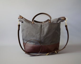 Grey Waxed Canvas and Brown Leather Diaper Bag / work travel tote - LEWIS - Waterproof Waxed CANVAS top and LEATHER base carry all