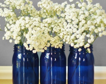 Set of Three Cobalt Blue Glass Mason Jar Vases, Cottage Chic Decor for Your Home