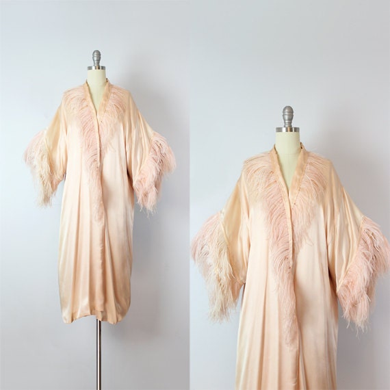 vintage 20s silk feather kimono robe / 1920s pink silk ostrich feather robe / rare flapper robe / boudoir robe / silk feather duster jacket