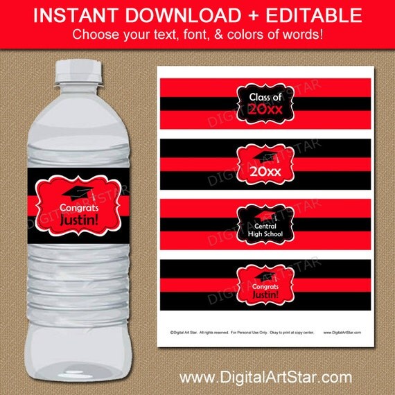 printable graduation water bottle labels in red by