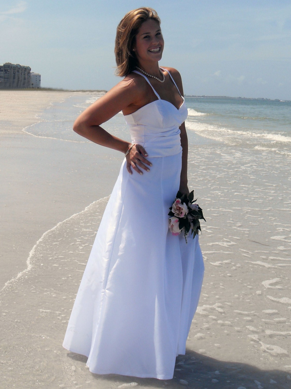 Satin beach wedding dress spaghetti strap fitted midriff
