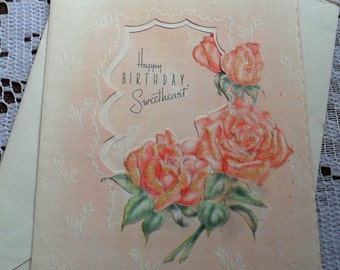 Vintage Happy Birthday Sweetheart Embossed Die Cut Pink Red Roses Glitter Greeting Card & Envelope 1940s 1950s Unused Garden of My Heart USA