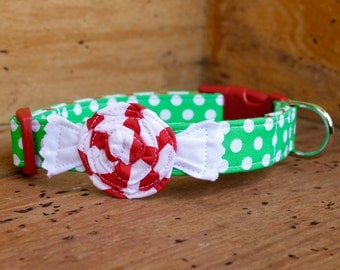 Peppermint Dog Collar - Christmas Dog Collar - Green Polka Dot with Red/White Peppermint Candy