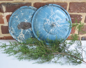 Rustic Robin Egg Blue and White Graniteware/Enamelware Pot/Pan Lids