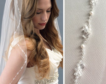 Crystal Beaded Wedding Veil, Pearl Bridal Veil, Ivory Veil, Fingertip Length Veil, Veil for Bride, Veil with Comb, Bridal Headpiece ~VB-5055