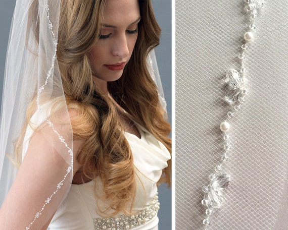Crystal Beaded Wedding Veil Pearl Bridal Veil Ivory Veil