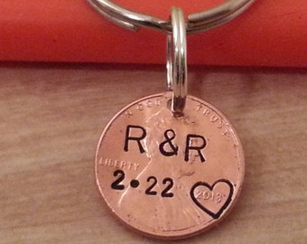 Custom penny keychain, Boyfriend/Girlfriend Gift, Anniversary gift for men, Husband Gift, Stamped Penny, Our Lucky Day, Date and Initials