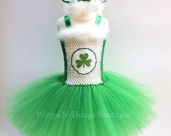 ST PATRICKS BEAR Costume Tutu Dress 2pc Set w/ Bear Ear Headband, Green, Lucky Charm, shamrock, first birthday, toddler, kids, girls, party