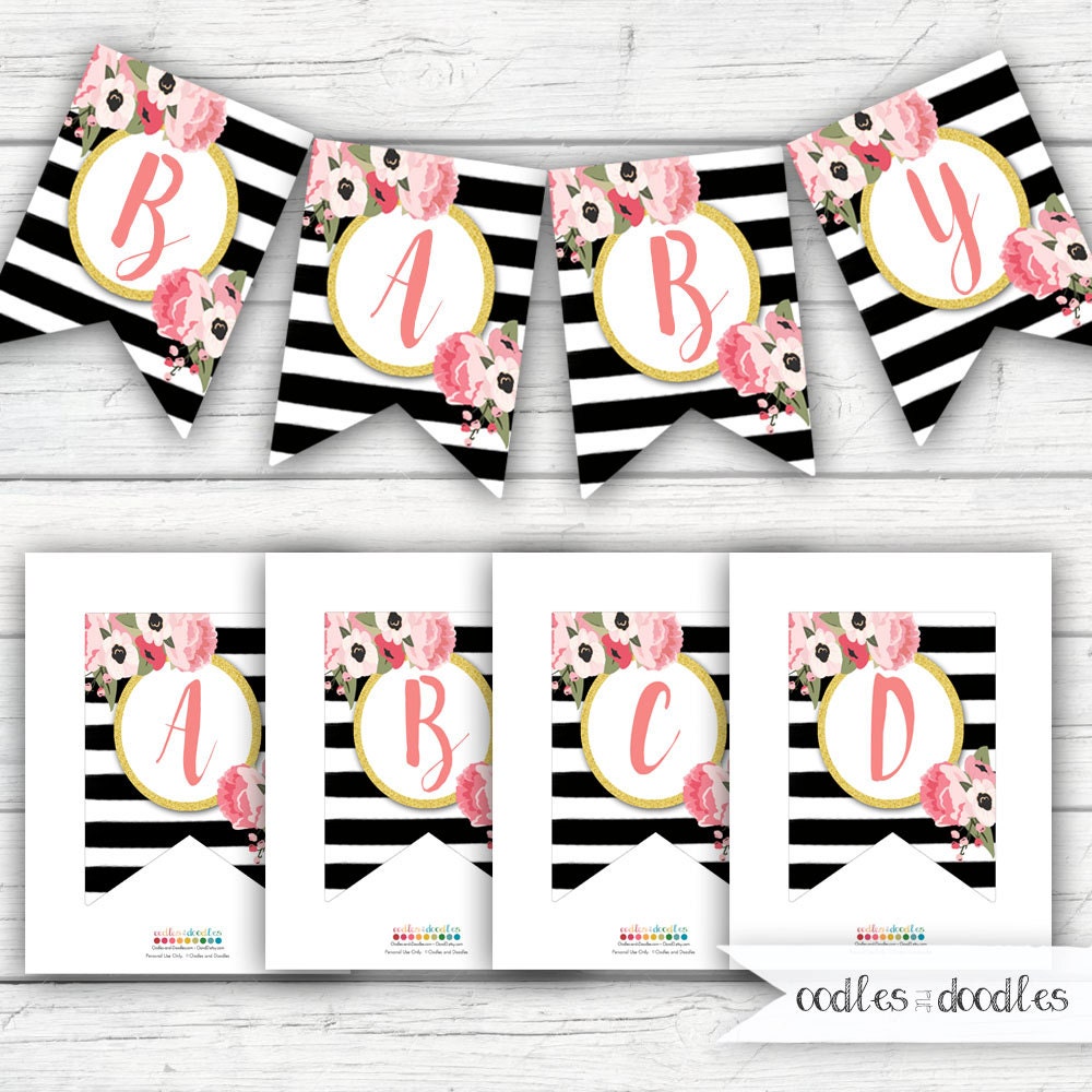 pink and gold banner floral banner black and white stripes