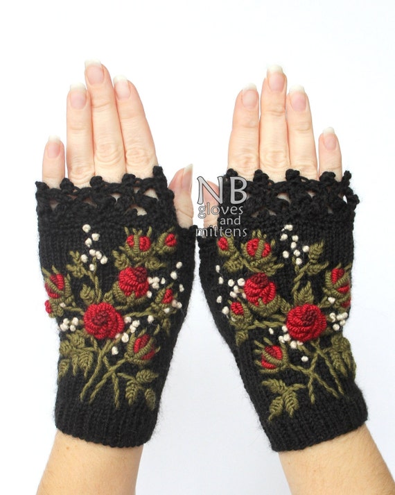 Knitted Fingerless Gloves Roses Clothing And Accessories
