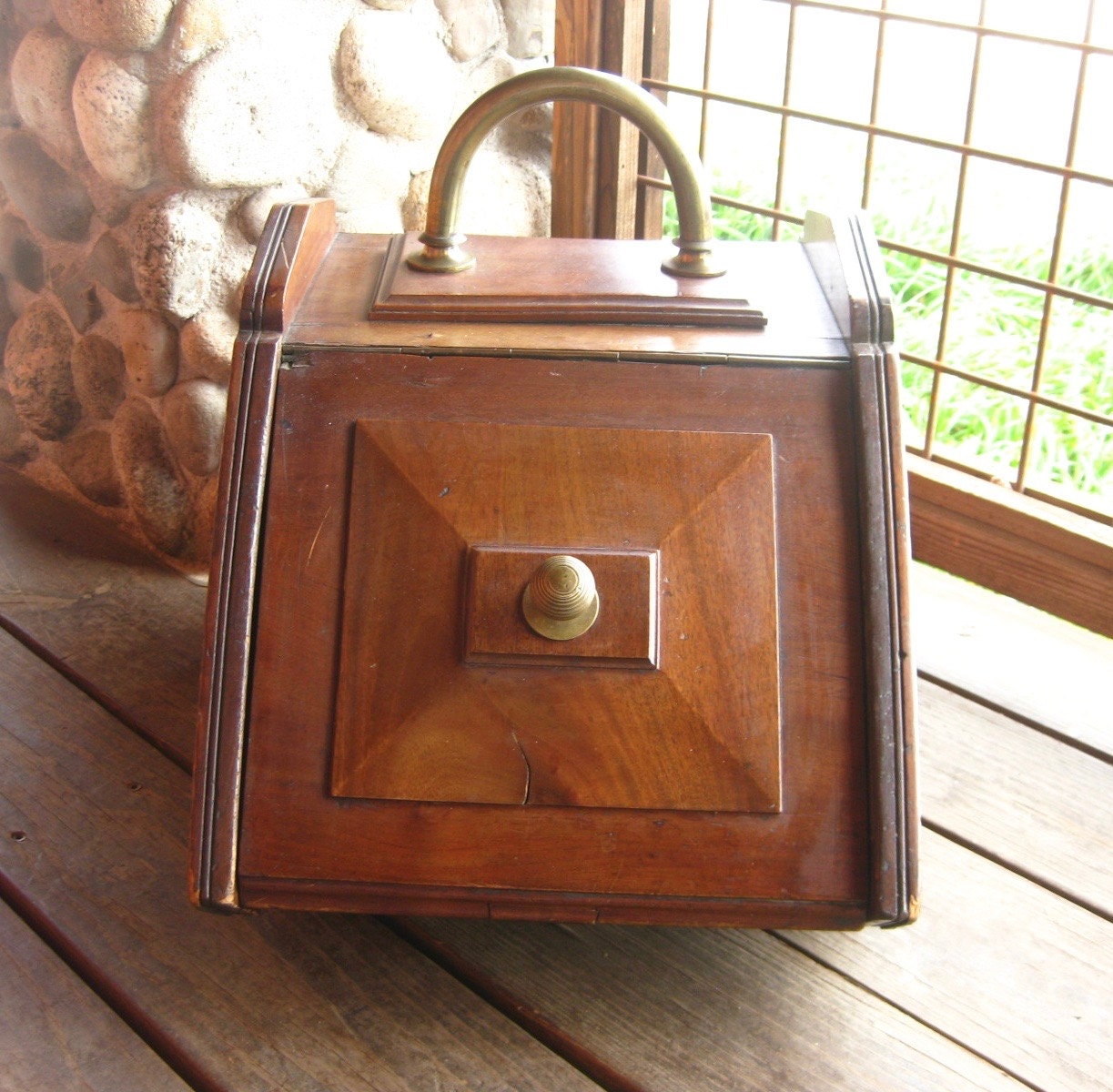 Vintage Walnut Wood Coal Scuttle with Brass Fittings Wood