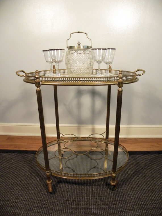 Vintage Solid Brass Rolling Bar Tea Cart