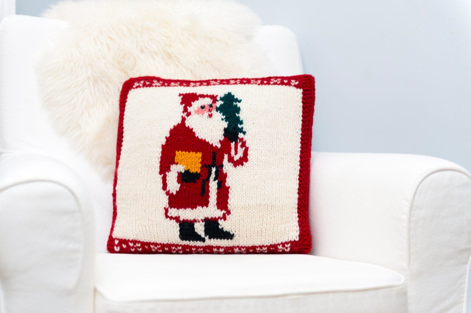 Christmas Pillow Cover 16X16 Traditional Santa Hand Knit
