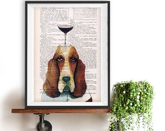Fantasy Basset Hound print, Hush puppy art, Dog Artwork, Basset Hound Art Print, Gift for Him, Red, Office Wall Art, Wall Decor, Home Decor