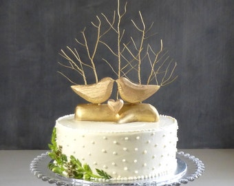 Gold Wedding Topper, Gold Cake Topper, Tree Wedding Topper, Love Bird Cake Topper and Gold Wedding Gift/ Wooden Anniversary
