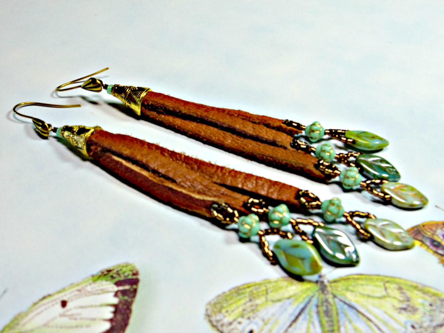 Extra Long Beaded Dangle Earrings Saddle Brown Leather Lace