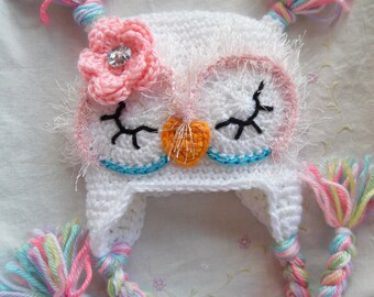 Baby Owl Hat, White Newborn Baby Owl Hat, Handmade Baby Gift, Crochet Infant Baby Owl Hat. Baby Winter Hat, White Owl Hat, Baby Hat Handmade